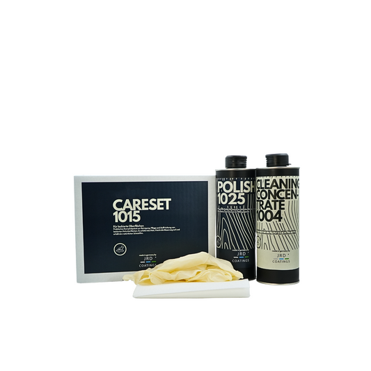 Care set for oiled surfaces with free gloves and application cloths